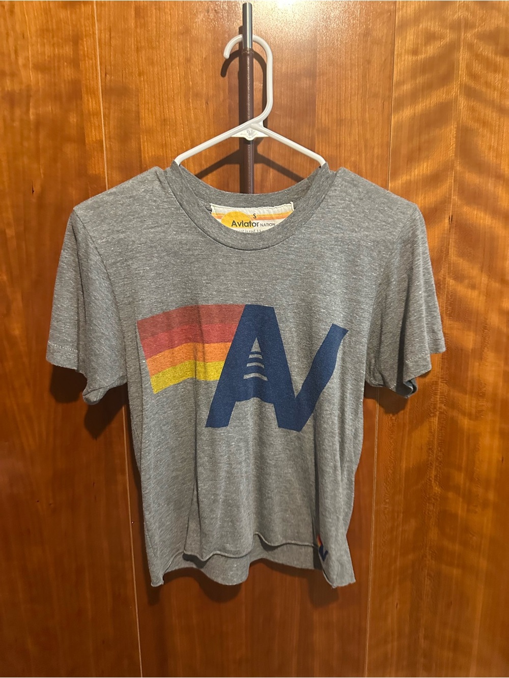 Aviator Nation Heather Gray Tee with Navy 'A' and Red-Orange-Yellow Stripes